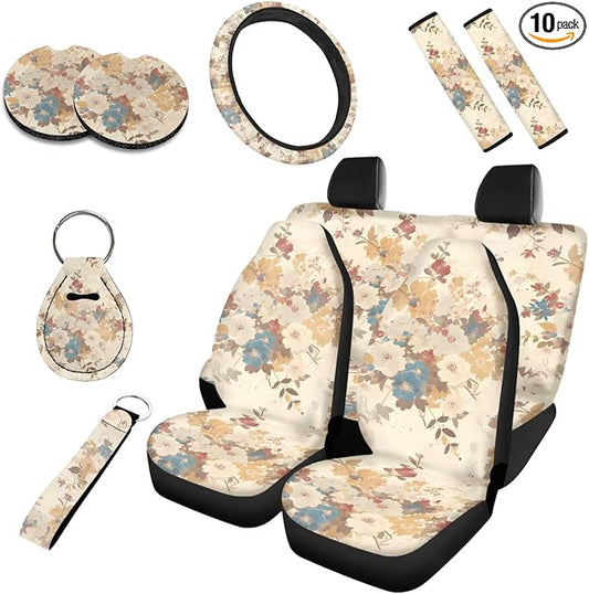 Flower Car Seat Cover 10 Set, French Countryside Floral Soft Automotive Rear Front Seat Protector Car Interior Cover, Wildflower Field Elastic Safety Belt Coaster Keychain