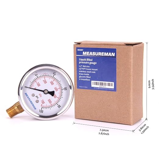 MEASUREMAN Pressure Gauge 1/4 NPT, 0-100psi/kPa Glycerin Filled Pressure Gauge with 2.5 Inch Dial Size and 304 Stainless Steel Case (0-100 psi, Lower Mount)