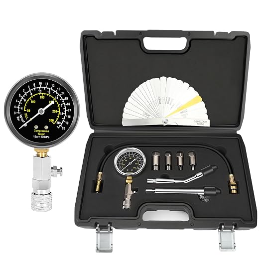 BETOOLL 9pcs Petrol Engine Cylinder Compression Tester Kit with Spark Plug Gap Tool 32 Blades Steel Feeler Gauge 300PSI Engine Cylinder Compression Gauge Automotive Tool