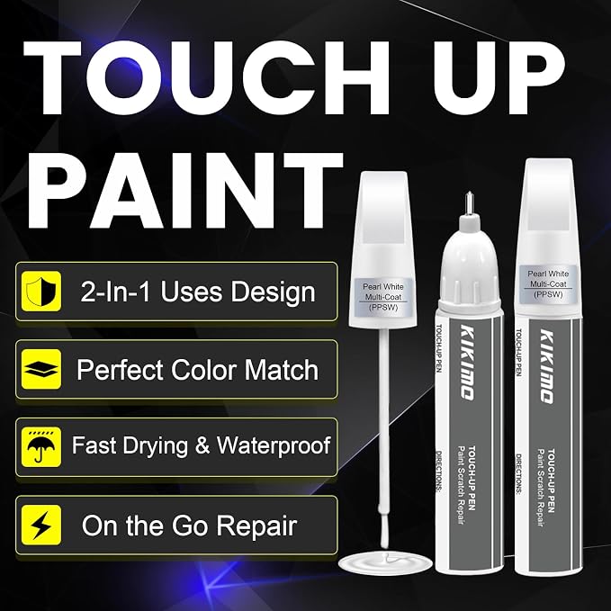 KIKIMO for Tesla Touch Up Paint(Pearl White Multi-Coat(PPSW)), Car Paint Repair Kit for Tesla Model Y/3/S/X, 2 In 1 Scratches Repair with Pen Tip and Brush, Color-Matched for Quick & Easy Fix