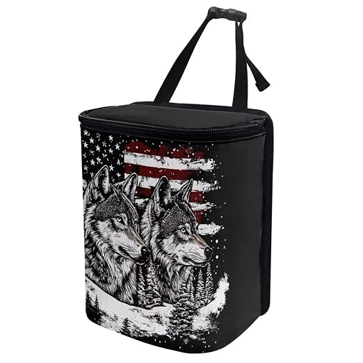 Talayituse Wolf American Flag Print Car Trash Bin, Large Size Auto Trash Can Adjustable Portable Garbage Can with Lid, Vehicle Hanging Bag for Headrest Front Back Seat