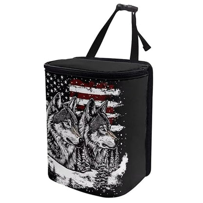 Talayituse Wolf American Flag Print Car Trash Bin, Large Size Auto Trash Can Adjustable Portable Garbage Can with Lid, Vehicle Hanging Bag for Headrest Front Back Seat