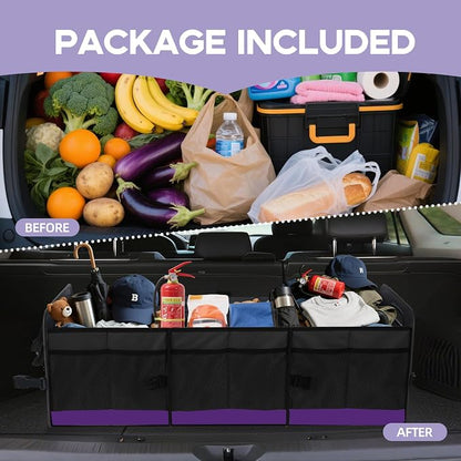 Trunk Organizer for Car, Sturdy Storage Organization with Non-Slip Bottom Strips, 95L Large Capacity Cargo Organizer for Suv, Truck, Sedan, Waterproof Portable Car Organizers for Women Men(Purple)
