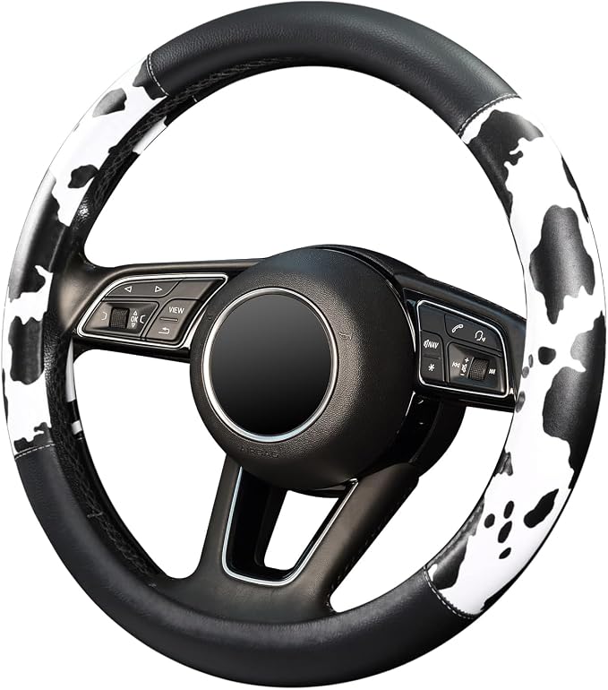 ZHOL Cow Print Steering Wheel Cover, Universal Fit 14.5-15 inch Premium Microfiber Leather Steering Wheel Protector for Cars/Trucks/SUVs, Non-Slip, Heat-Resistant, Easy Install, Black