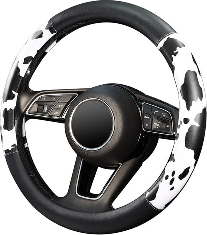 ZHOL Cow Print Steering Wheel Cover, Universal Fit 14.5-15 inch Premium Microfiber Leather Steering Wheel Protector for Cars/Trucks/SUVs, Non-Slip, Heat-Resistant, Easy Install, Black