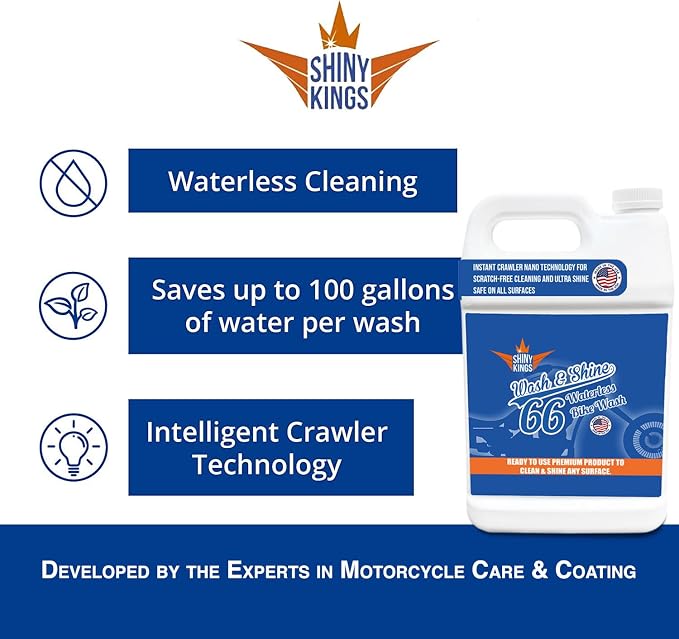 Shinykings Motorcycle Cleaner Wash&Shine 66 | WATERLESS BIke Wash with Ultra Shine Finish | Powerful Motorcycle Detailing Spray for All Surfaces | Bike Cleaner California | 1 Gallon