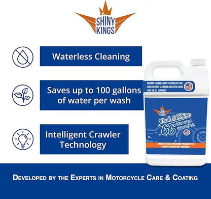 Shinykings Motorcycle Cleaner Wash&Shine 66 | WATERLESS BIke Wash with Ultra Shine Finish | Powerful Motorcycle Detailing Spray for All Surfaces | Bike Cleaner California | 1 Gallon