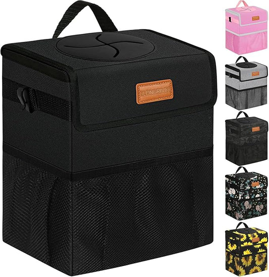 ELONGRIVER Car Trash Can Bin for Back Seat Leak Proof, Cute Car Trash Bag Hanging, Vehicle Trash Can for SUV Truck Van, Automotive Garbage Cans Front Seat Black