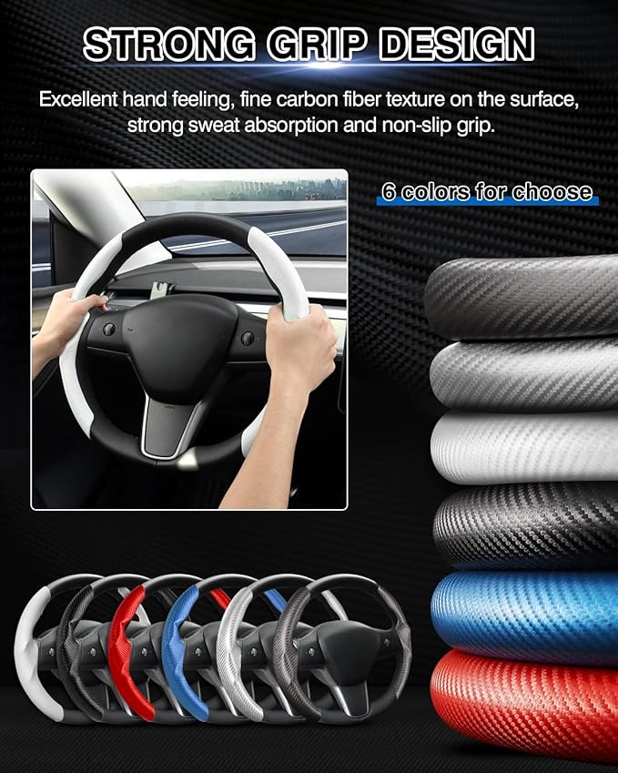 Canvcle Steering Wheel Cover for Tesla Model 3/Y 2016-2025 2026 Highland/Juniper Accessories Carbon Fiber Steering Wheel Cover Protector Non-Slip, Comfortable, Breathable, Model 3/Y Accessories, White