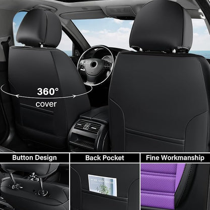 Coverado Car Seat Covers Full Set, Seat Covers for Cars, Automotive Seat Covers, Waterproof Nappa Leather Front Seats and Back Car Seat Protector, Universal Fit for Most Cars SUV Trucks,Black&Purpe