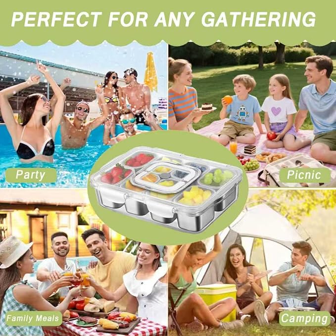 Snackle Box Container, Stainless Steel Divided Serving Tray with Lid and Handle, Large Snack Tray for Fruit Veggie Candy, 8-Compartment Snack Platter for Travel Party Beach Picnic
