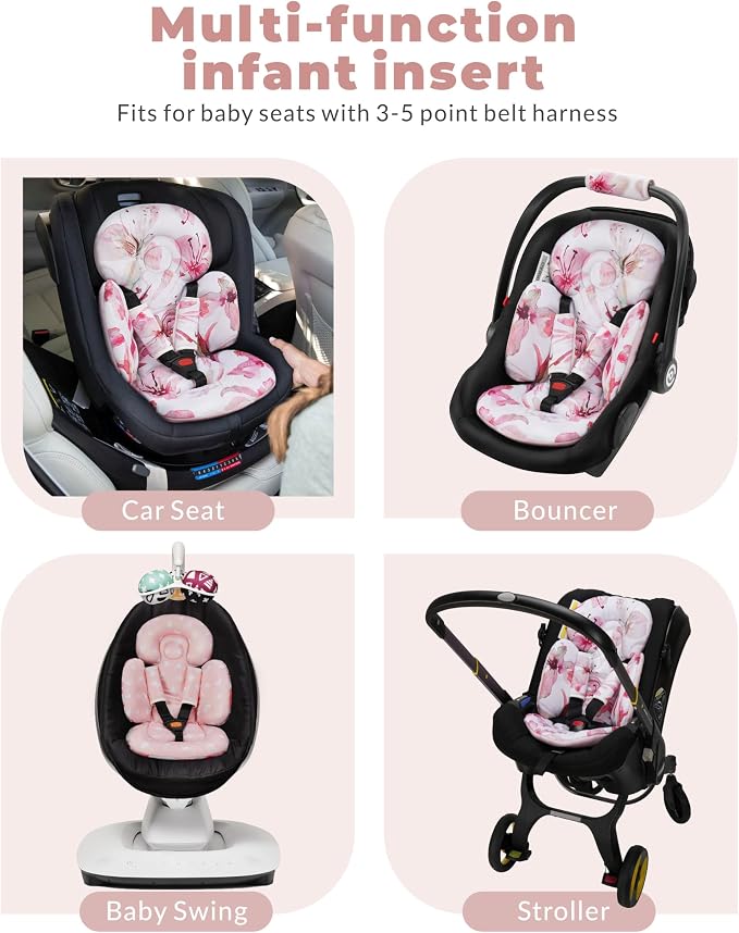 TinlyFinly Newborn Car Seat Insert, Head and Body Support, Reversible Infant Insert Compatible with Baby Carseat, Stroller, Mamaroo Swing, Rocker, Bouncer. Baby Car Seat Cushion - Pink Floral