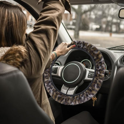 Accmor Fuzzy Steering Wheel Cover, Leopard Fluffy Car Wheel Cover for Women Men, Soft Furry Vehicle Steering Wheel Protector Warm Non-Slip Car Accessories 15 inch Universal Fit Auto, Suvs, Truck