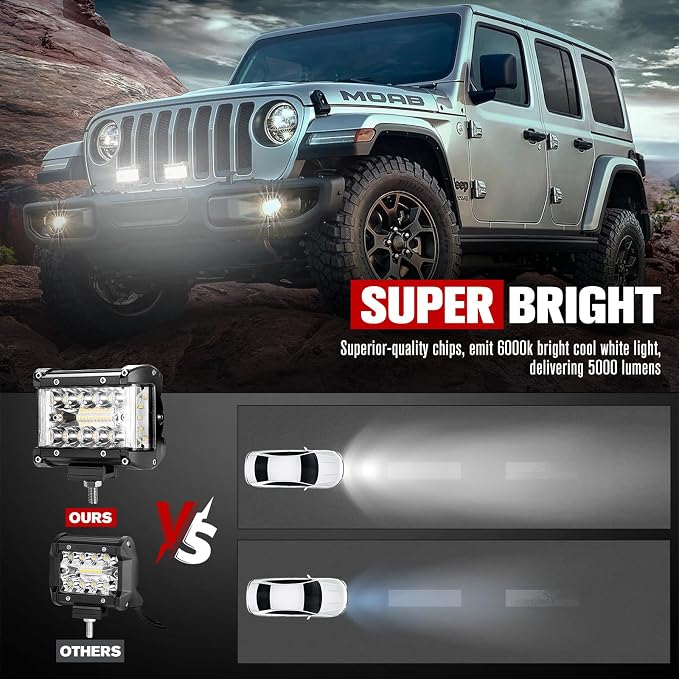 FIERYRED Side Shooter LED Pods 4 Inch Spot Flood Combo LED Light Bar,60W 8000LM Work Lights Off Road Driving Fog Bumper Vehicle Headlights for ATV UTV Truck Boat,IP68,(2pcs)