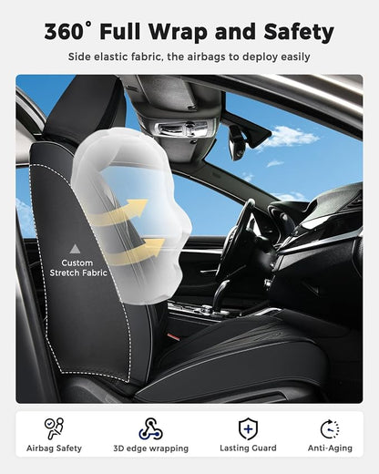 Huidasource Car Seat Covers Full Set, Universal Fit for Most Cars SUV Trucks, Full Coverage Nappa Leather Seat Cover, Airbag, Cupholder Compatible, Velcro Adjustable, Seat Function Retain, Black