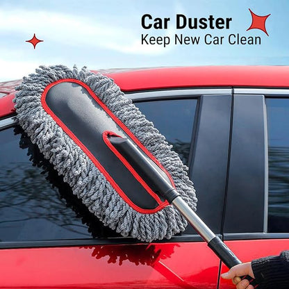 YeewayVeh Car Duster Exterior Scratch Free Microfiber Car Cleaning Brush, Extendable Handle Pollen and Dust Brush for Truck, SUV, Vehicles and Home Cleaning, Gray and Red