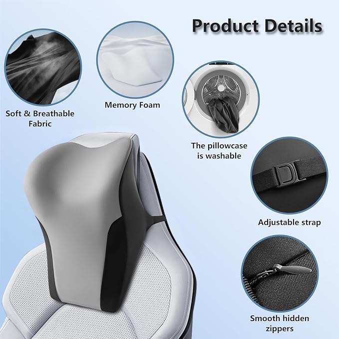 BABUR Car Neck Pillow for Driving Seat, Memory Foam Car Headrest Pillow, Ergonomic Neck Support, Breathable Removable Cover, Adjustable Strap, Pain Relief for Long Drives, Universal Fit | Gray