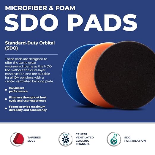6.5" SDO Foam Buffing and Polishing Pad Kit (Set of 3) – Lake Country Manufacturing – Tapered Edge Pads – Blue Heavy Polishing, Orange Polishing, Black Finishing – Compounding