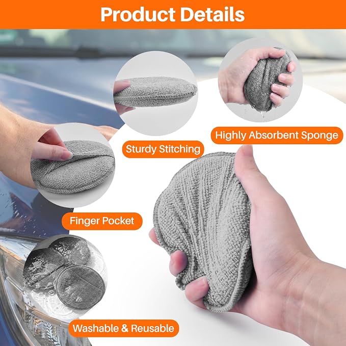12Pack Wax Applicator Pads, 5" Soft Microfiber and Dense Foam Buffing Pads for Auto Polishing, Car Waxing, Paint Correction with Non-Slip Backing, Multipurpose Hand Pads