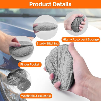 12Pack Wax Applicator Pads, 5" Soft Microfiber and Dense Foam Buffing Pads for Auto Polishing, Car Waxing, Paint Correction with Non-Slip Backing, Multipurpose Hand Pads