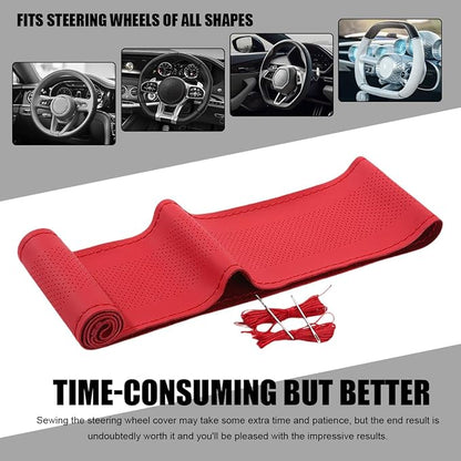 Wevdn Genuine Leather Steering Wheel Cover, Stitch on Wrap, DIY Sewing Steering Wheel Protector, 15 Inch Breathable Non-Slip Steering Wheel Protector, Car Accessories (Red, Middle Hole)
