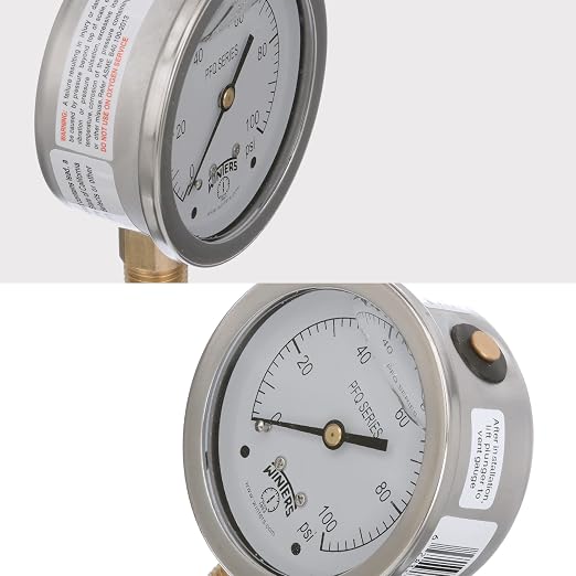 Winters 2-1/2" Dial Size, Liquid Filled Industrial Pressure Gauge, Brass Internals, 304 Stainless Steel Case, Single Scale 0-100 psi, 1.5% Acc, 1/4" NPT Bottom Mount, Glycerin Filled Pressure Gauge