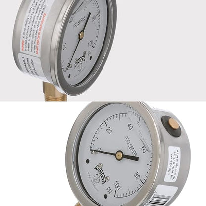 Winters 2-1/2" Dial Size, Liquid Filled Industrial Pressure Gauge, Brass Internals, 304 Stainless Steel Case, Single Scale 0-100 psi, 1.5% Acc, 1/4" NPT Bottom Mount, Glycerin Filled Pressure Gauge