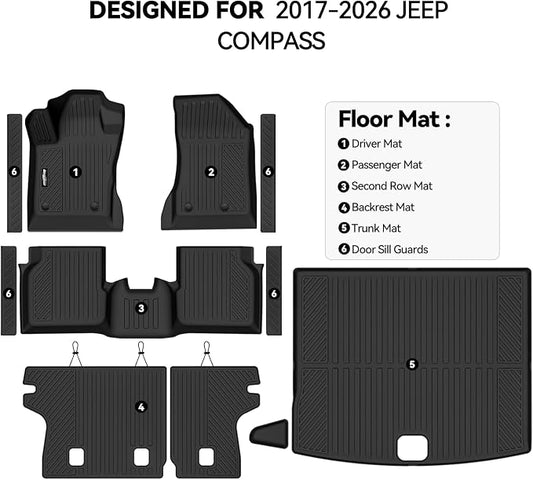 Floor Mats for Jeep Compass 2017-2025 2026, Trunk Mat and Backrest Mat & Door Sill Guard All Weather TPE Protector for Jeep Compass Accessories
