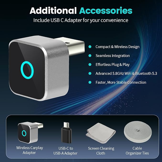 2026 Wireless CarPlay Adapter & Android Auto Dual System, Plug & Play Auto Connect Low Latency, USB-C Included, Compatible with Factory Wired CarPlay Cars for iPhone iOS 10+