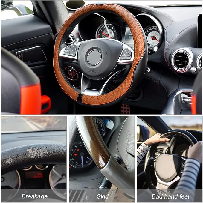 Leather Steering Wheel Cover, Soft Breathable Anti Slip, Universal Fit 15 Inch Car, Truck, SUV (Black/Orange)