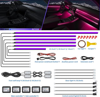 Acrylic Interior Car LED Strip Light with Wireless APP, RGB 18 in 1 with 175 inches 600 LEDs Fiber Optic Strip Lights for Car, Dynamic Chasing Sound Active Neon Car Ambient Lighting Kits