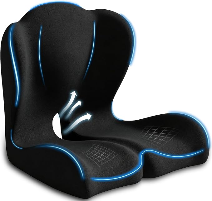 Seat Cushion for Office Chair and Car – L-Shaped Ergonomic Seat Cushions for Stability & Anti-Slip, Orthopedic Cushion for Sciatica, Back & Tailbone Pain Relief, Black