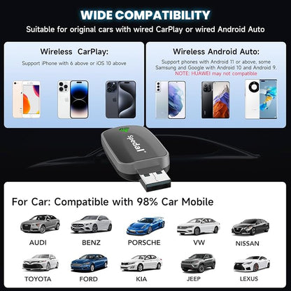 Seamless Auto-Connect CarPlay Adapter, Upgrade 2in1 Wireless CarPlay & Android Auto Adapter, Plug & Play, WLAN Dual-Band 2.4G+5G, Auto Reconnect, Compatible with After 2016 Cars with Wired CarPlay