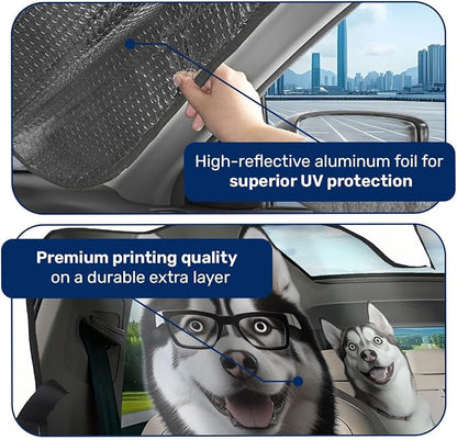 GENANY Husky Family Funny Windshield Sun Shade for Car SUV Truck (55x30 Inches), Sun Shade Windshield, Shades for Windows, Protector Blocks UV, Car Decor