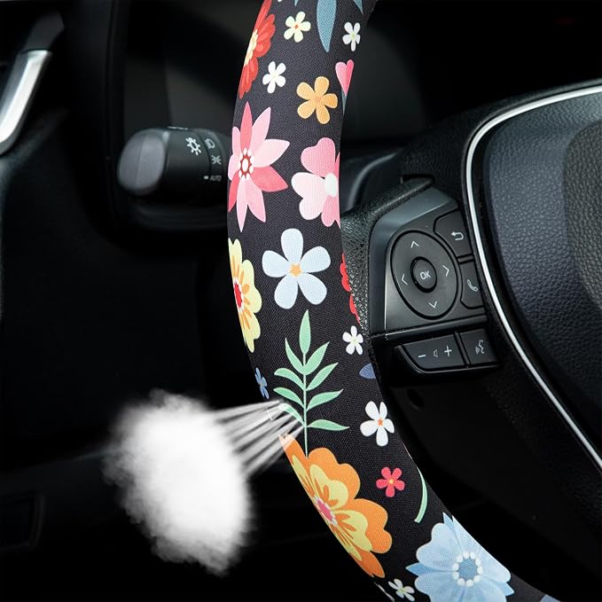 Colorful Floral Flowers Steering Wheel Cover Auto Steering Wheel Protector, Anti-Slip, Breathable, Absorbing Sweat, Universal Floral Car Accessories 14.5–15 inch