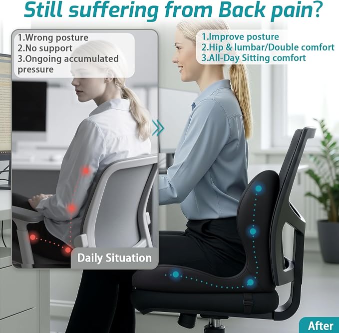 Memory Foam Seat Cushion,Office Chair Cushion with Lumbar Support for Back Pressure Relief, Car Seat Cushion with Adjustable Strap,Sciatica Pad Cushions for Car,Truck, Desk (D-Black)