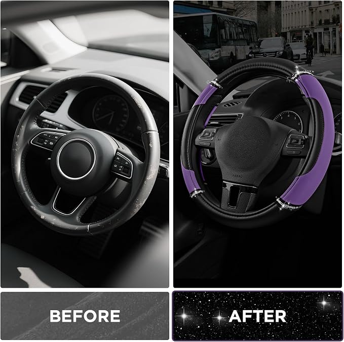 Road Comforts Leather Steering Wheel Cover - Made with PVC Leather - Anti-Slip, Universal Fit 14 1/2 inches to 15 1/2 inches - Purple