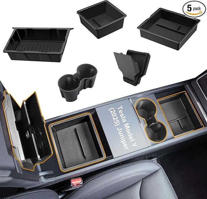 BANKKY 5PCS Center Console Organizer Tray for Tesla Model Y Juniper 2025 2026 Accessories Underseat Armrest Storage Cup Holder Hidden Compartment for Family Travel Kids Daily Commute Road Trips