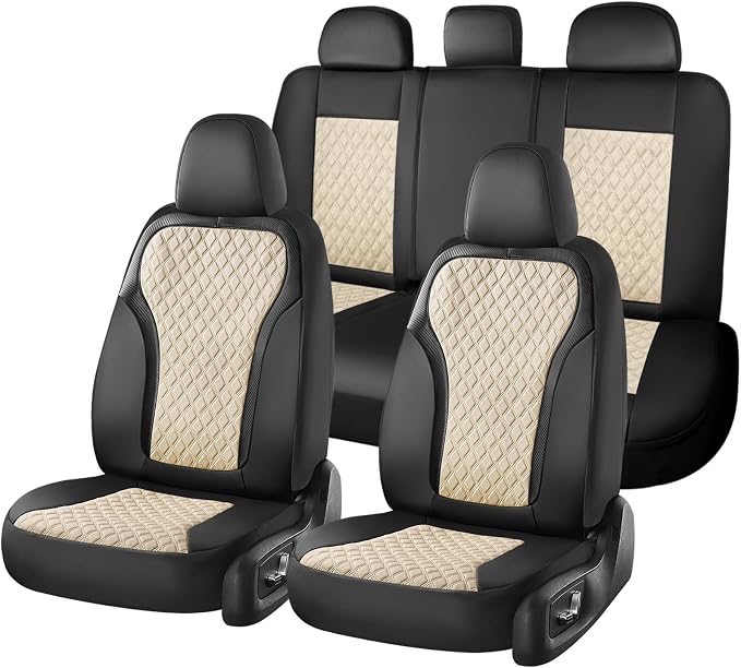 Coverado Car Seat Cover 5 Seats, Leather Seat Covers Full Set, Durable Waterproof Car Seat Protectors, Black and Beige Seat Cover, Spill-Proof Automotive Seat Covers Universal Fit for Most Cars