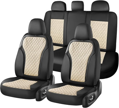 Coverado Car Seat Cover 5 Seats, Leather Seat Covers Full Set, Durable Waterproof Car Seat Protectors, Black and Beige Seat Cover, Spill-Proof Automotive Seat Covers Universal Fit for Most Cars