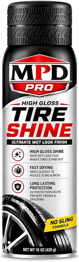 MPD PRO High Gloss Tire Shine Spray – Wet Look Finish, Fast Drying No Sling Formula, Long Lasting Tire & Trim Protection, Professional Automotive Detailing, 15 oz Aerosol (6-Pack)
