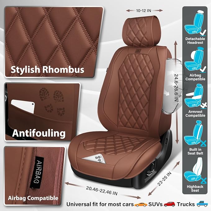CAR PASS Luxury Nappa Leather Seat Covers Full Set, 3D Rhombus Waterproof Faux Leather Seat Covers, Universal Automotive Seat Cushion Fit for Most Sedan SUV Truck Van, Armrest Airbag Compatible Brown