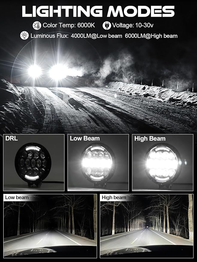 AUDEXEN LED Work Lights, 7 Inch 105W Round Spot LED Pods Light Bar High/Low Beam DRL with Adjustable Mounting Bracket Compatible with Jeep Off Road 4WD Truck SUV UTV ATV Driving Lamp, 2 PCS