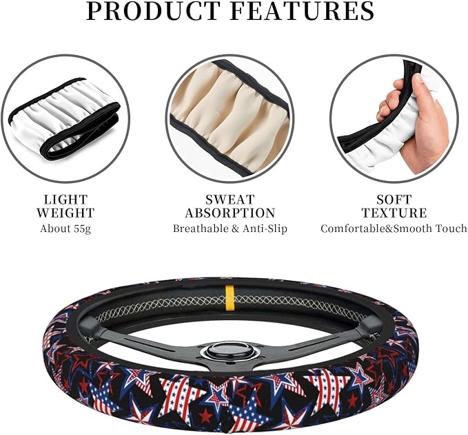 Memorial Day Patriotics Steering Wheel Cover Forth of July America 250 Anti-Slip,Sweat Absorption Universal 15 inch Steering Wheel Covers Cute car Accessories for Women