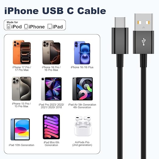 Cveael Car Carplay Cable for iPhone 17 16 15 Pro Max Air 16 15 Plus, 6FT USB A to USB C Cord for iPad 10th Gen Pro Air 5th 4th Mini 6th Gen, Car Charging Cable(Black)