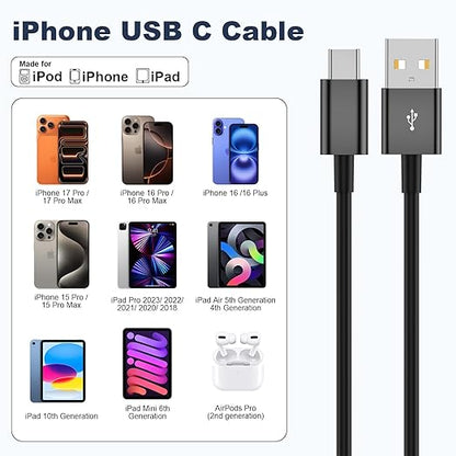Cveael Car Carplay Cable for iPhone 17 16 15 Pro Max Air 16 15 Plus, 6FT USB A to USB C Cord for iPad 10th Gen Pro Air 5th 4th Mini 6th Gen, Car Charging Cable(Black)