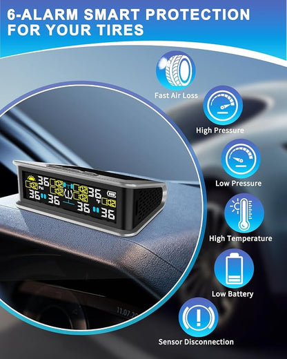 RV Tire Pressure Monitoring System with 6 Sensors, 6 Tire Positions Monitoring, 0-144 PSI Range, Solar & USB Rechargeable Display, Color Screen for RV, Trailer, Dually Truck and Tow Vehicle