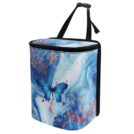 Blue Butterfly Marble Print Trash Can for Car Leakproof Garbage with Lid and Zipper Trash Bin Hanging Back of Seat Auto Interior Accessories Universal Fit Most Truck SUV Van