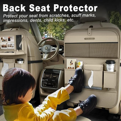 XDV Car Seat Organizers,Multi-functional Back Seat Protectors, Storage Pouches, and Tray Holders (for Cars, Kids, Seat Back and Rear Seats) (Plain Beige, 1 Pcs)