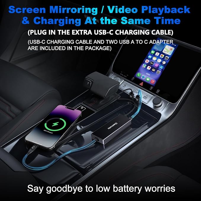4-in-1 Wireless CarPlay Adapter for iPhone 15/16/17 & Newer, Wired Video Streaming, Screen Mirroring, Two-Way Control & Charging, Plug & Play for Factory Wired CarPlay (Gray)